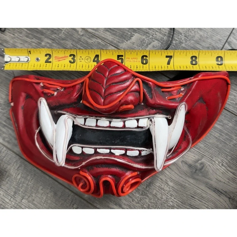 LED Light Up Japanese Oni Samurai Mask Red Hannya Mempo Half Face Cosplay‎